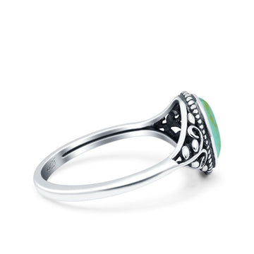 Vintage Style Oval Petite Dainty Ring Solid Oxidized Simulated Turquoise 925 Sterling Silver